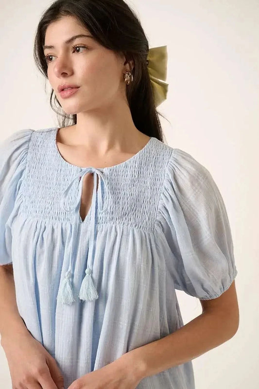 Mittoshop Tassel Tie Plaid Gauze Short Sleeve Mini Dress in - photo