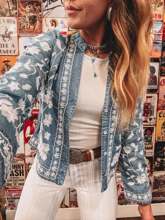 Floral Embroidered Button Up Denim Shirt in Light - photo