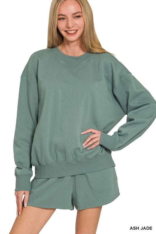 Zenana Fleece Long Sleeve Sweatshirts & Shorts Set in ASH JADE - photo