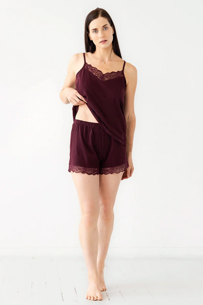 Birdies Short Set in Pima Cotton in Burgundy - PAJAMAS photo