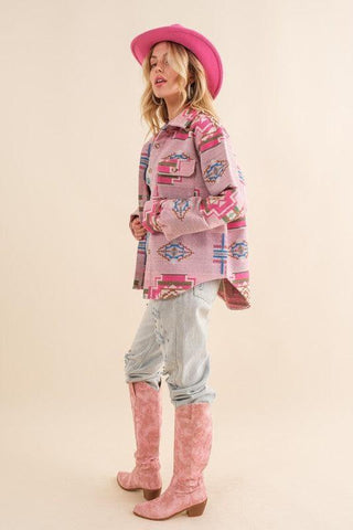 Blue B Jacquard Aztec Shirt Jacket - SwagglyLife Home & Fashion
