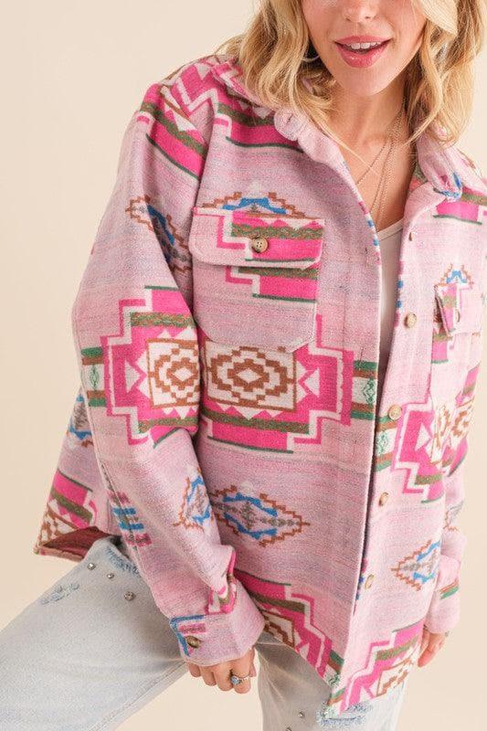 Blue B Jacquard Aztec Shirt Jacket - SwagglyLife Home & Fashion