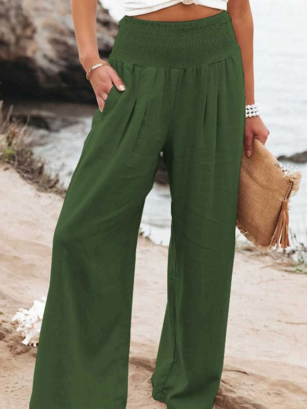 Bridgett Smocked Waist Wide Leg Pants - SwagglyLife Home & Fashion
