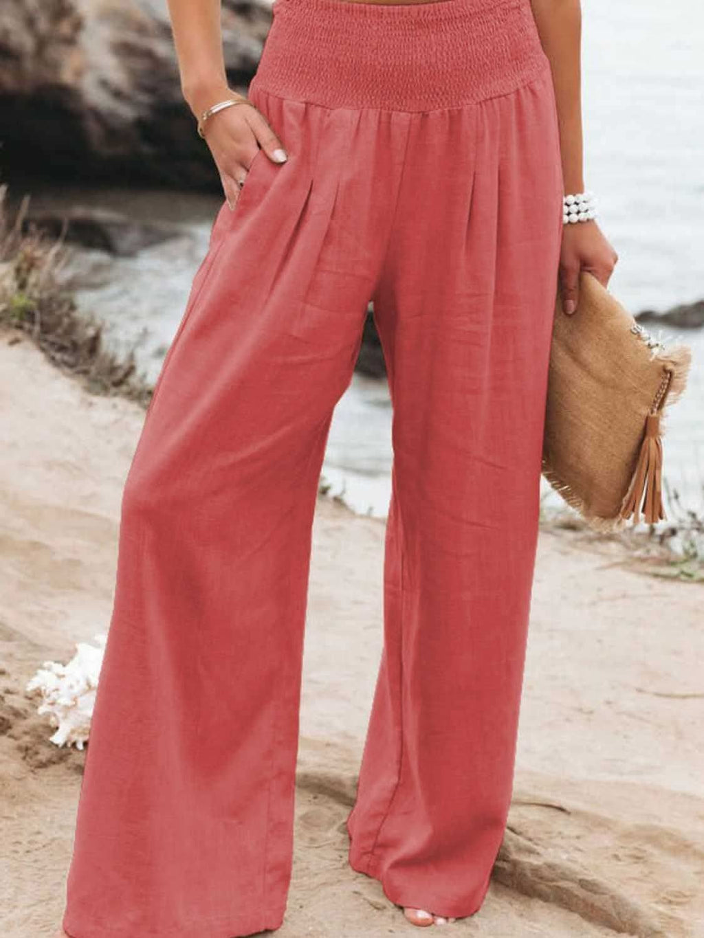 Bridgett Smocked Waist Wide Leg Pants - SwagglyLife Home & Fashion