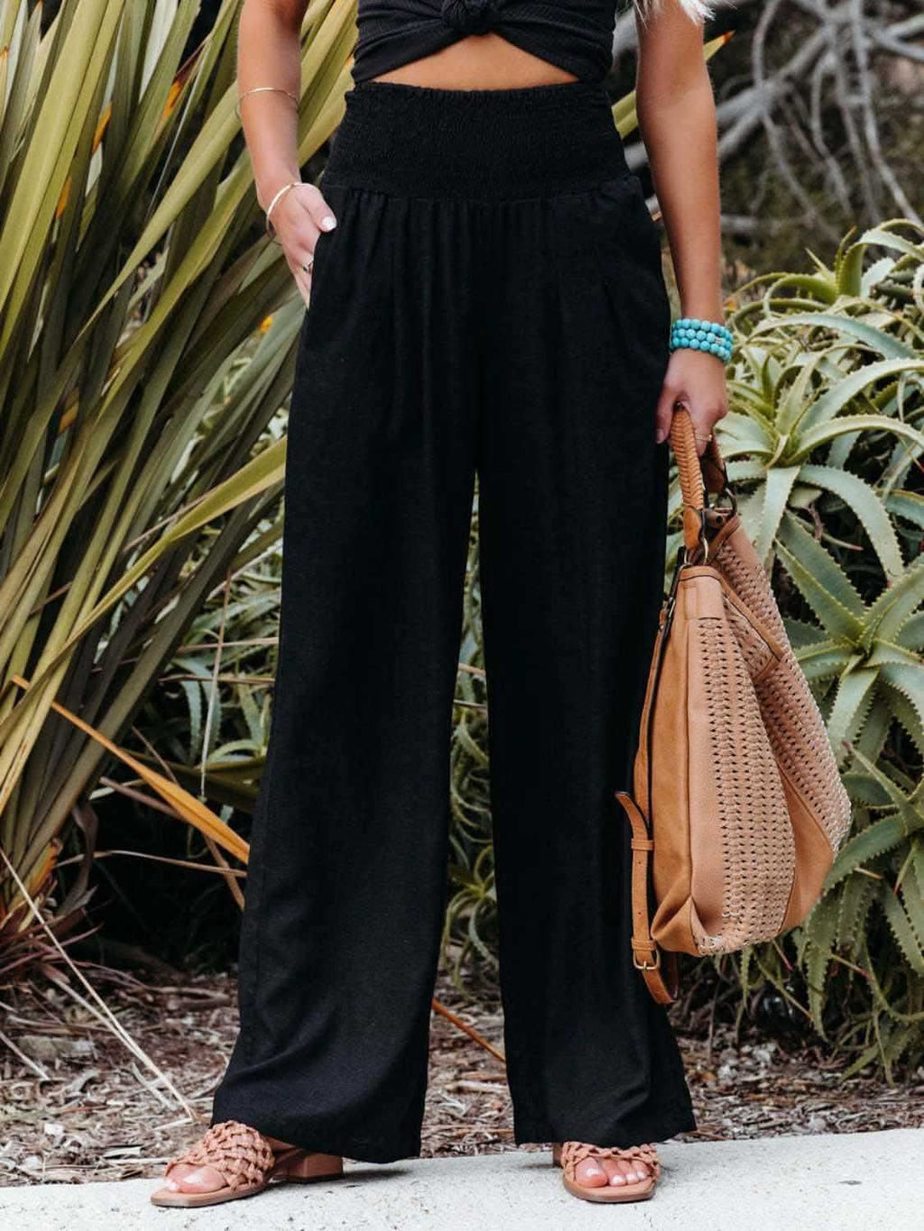Bridgett Smocked Waist Wide Leg Pants - SwagglyLife Home & Fashion