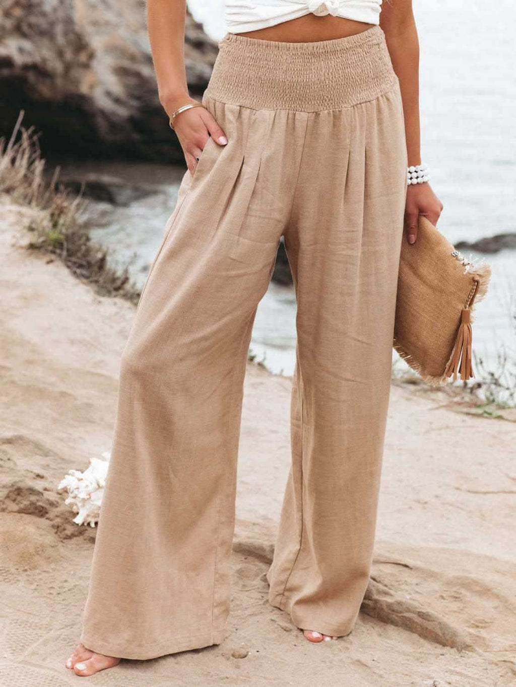 Bridgett Smocked Waist Wide Leg Pants - SwagglyLife Home & Fashion