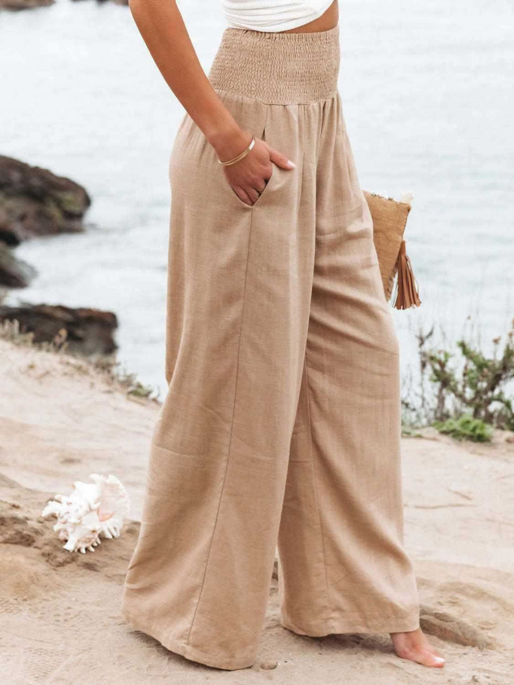 Bridgett Smocked Waist Wide Leg Pants - SwagglyLife Home & Fashion
