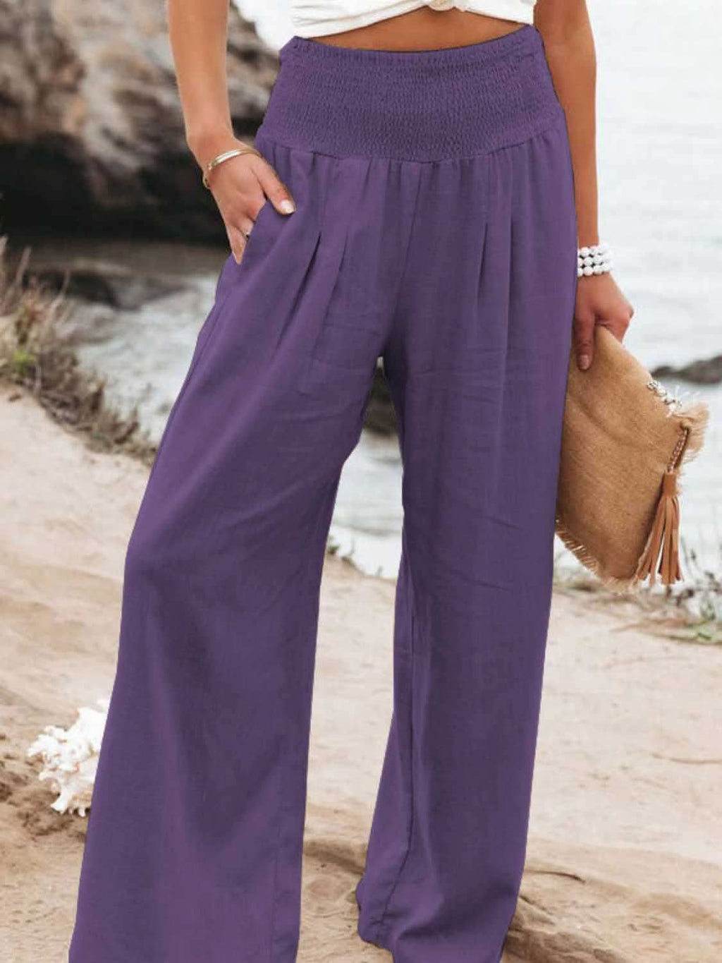 Bridgett Smocked Waist Wide Leg Pants - SwagglyLife Home & Fashion
