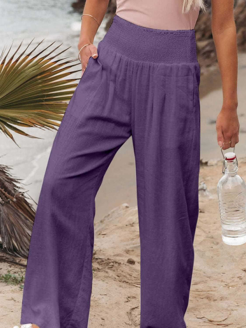 Bridgett Smocked Waist Wide Leg Pants - SwagglyLife Home & Fashion