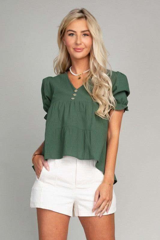 Button Front Puff Sleeve Blouse, Dark Green in Dark Green - Shirts & Tops photo