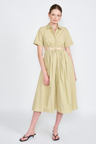 EMORY PARK Button Up Collared Cutout Midi Dress - SwagglyLife Home & Fashion