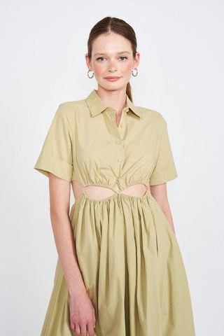 EMORY PARK Button Up Collared Cutout Midi Dress - SwagglyLife Home & Fashion