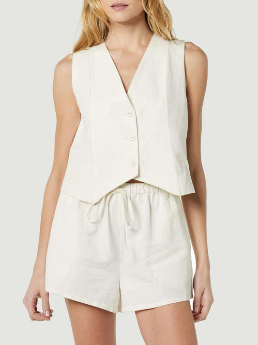 Button Up V-Neck Top and Pocketed Shorts Set in White - photo