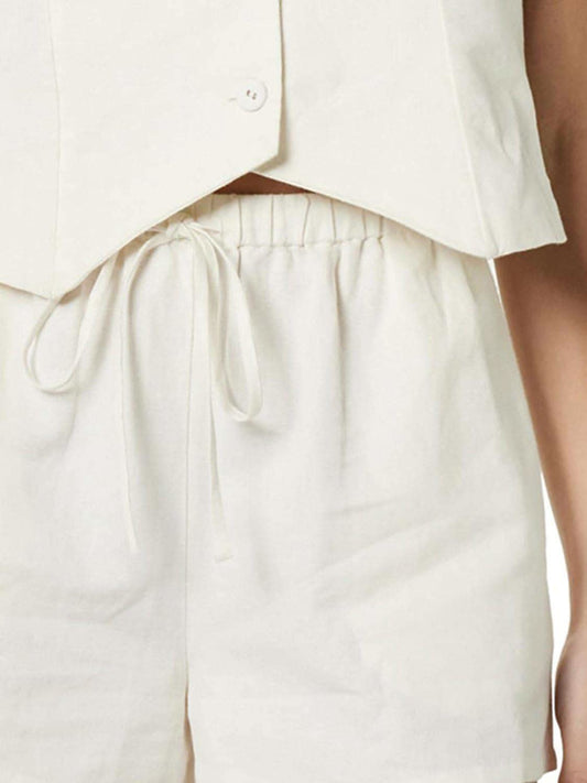 Button Up V-Neck Top and Pocketed Shorts Set in - photo