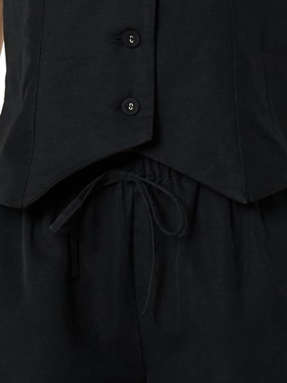 Button Up V-Neck Top and Pocketed Shorts Set - SwagglyLife Home & Fashion