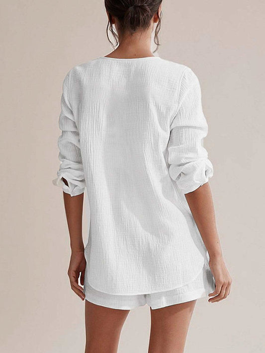 Notched Long Sleeve Top and Shorts Set in - Outfit Sets photo