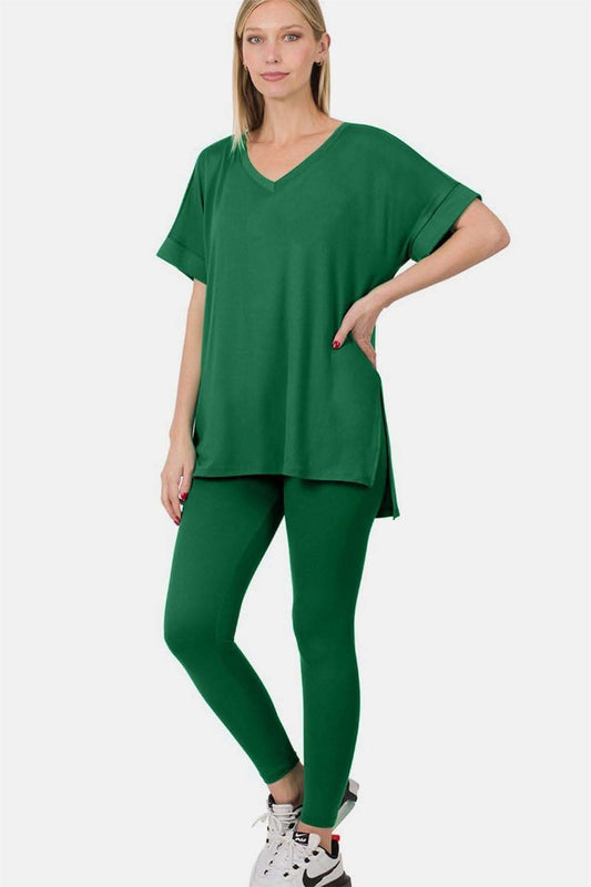 Zenana V-Neck Rolled Short Sleeve T-Shirt and Leggings Lounge Set in - Loungewear photo