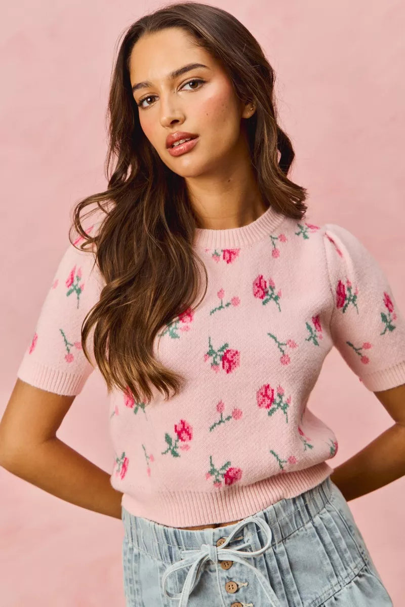 SO ME Floral Pattern Knit Puff Sleeves Sweater Top in - photo