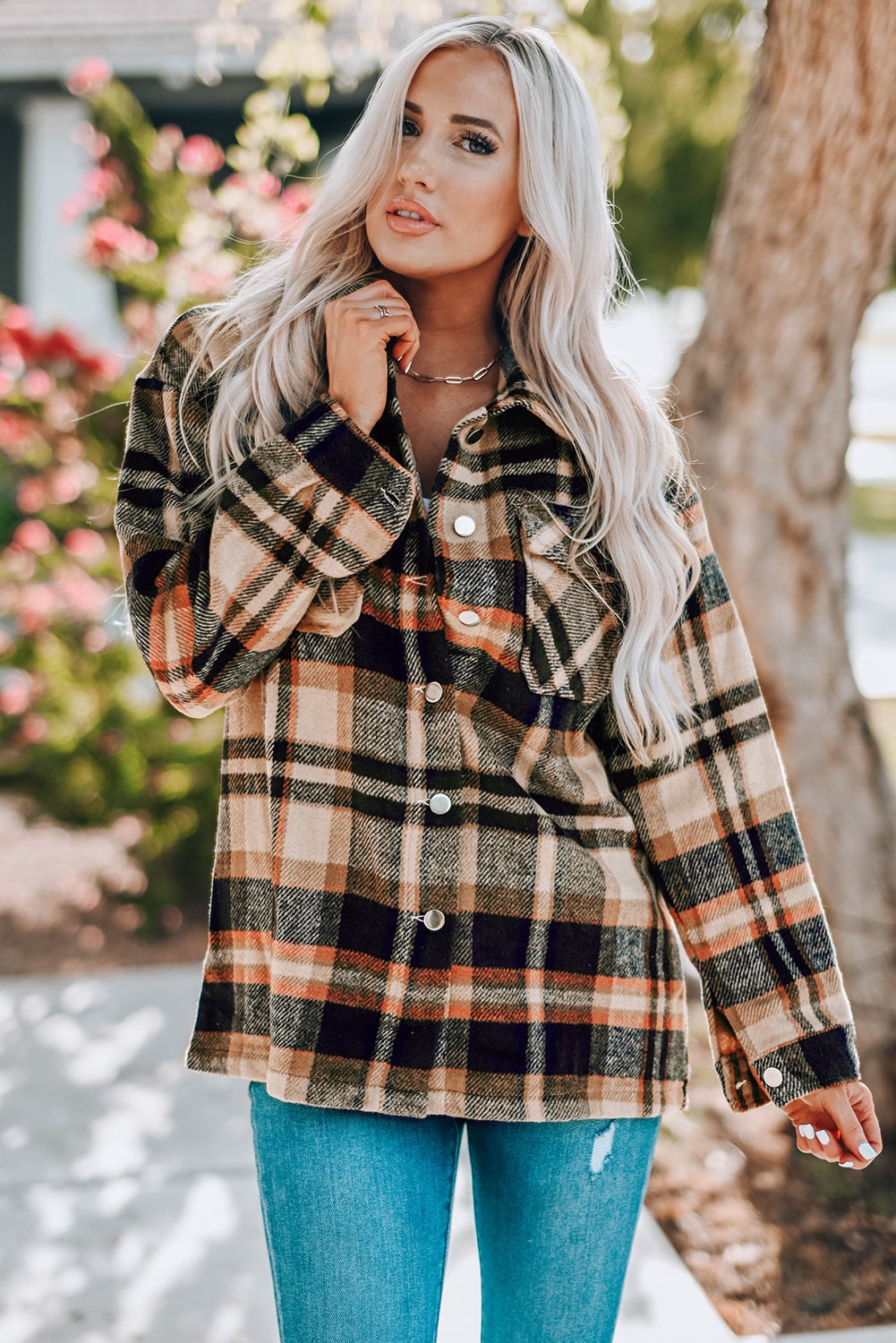 Plaid Button Front Shirt Jacket with Breast Pockets in Khaki - photo