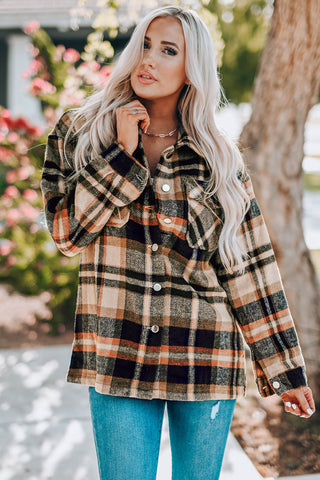 Plaid Button Front Shirt Jacket with Breast Pockets in Khaki - photo