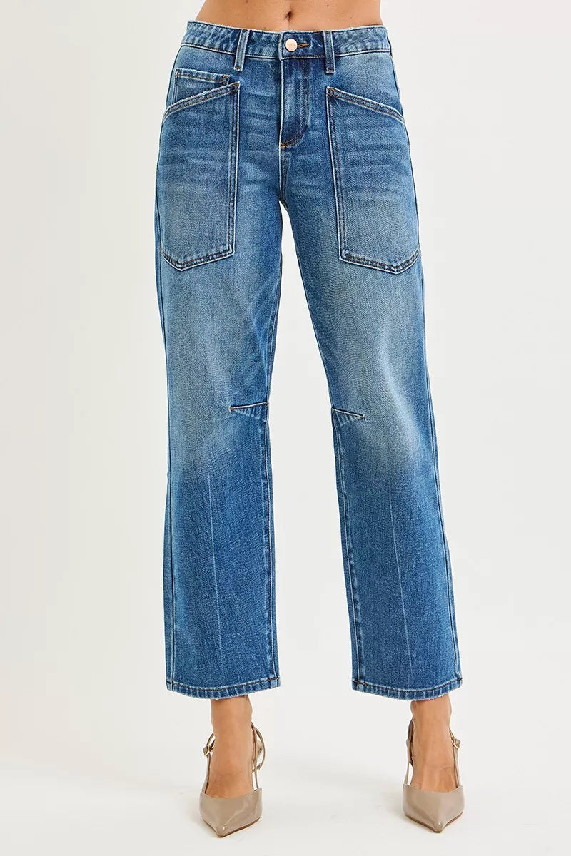 RISEN 4 Way Stretch Mid Rise Barrel Jeans with Patch Pocket Detail in - photo