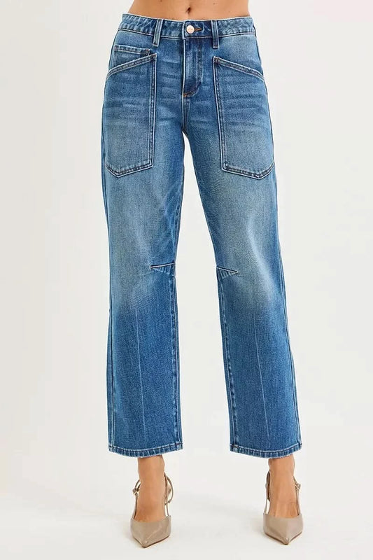 RISEN 4 Way Stretch Mid Rise Barrel Jeans with Patch Pocket Detail in - photo