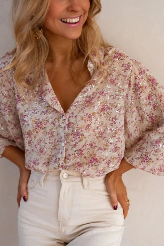 Printed Collared Neck Long Sleeve Shirt in Dusty Pink - photo
