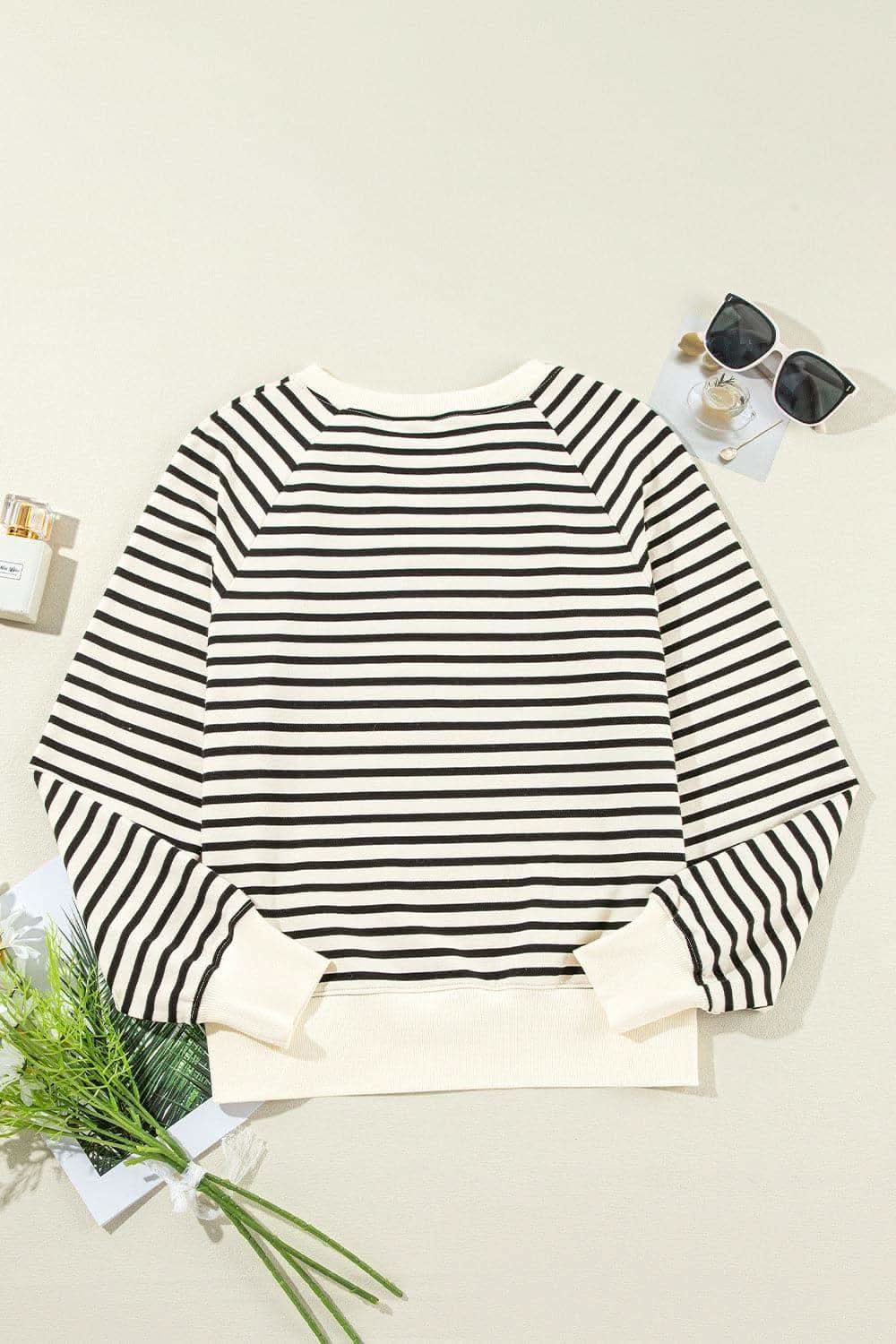 CIAO AMORE Decorative Button Striped Long Sleeve Sweatshirt - SwagglyLife Home & Fashion