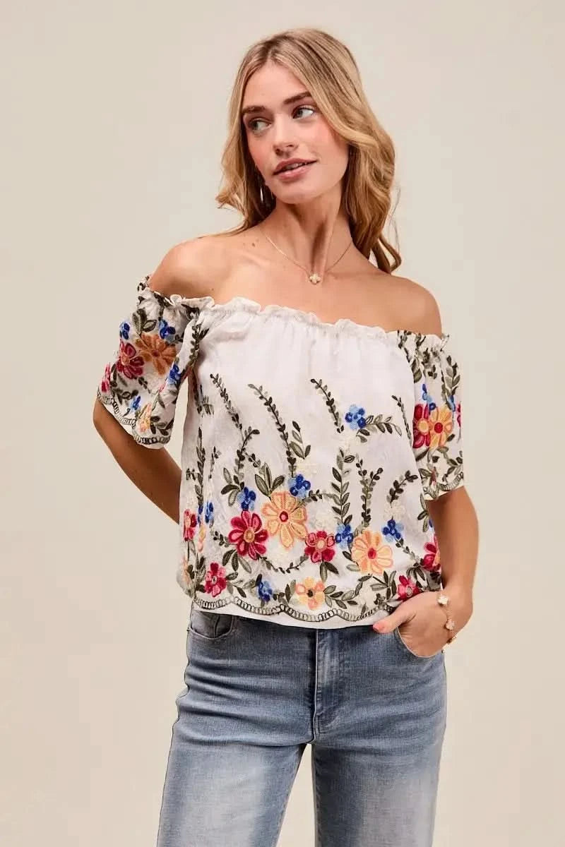 SO ME Floral Embroidered Two Way Off The Shoulder Blouse - SwagglyLife Home & Fashion