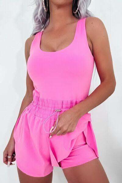 Drawstring Wide Strap Romper in Fuchsia Pink - photo