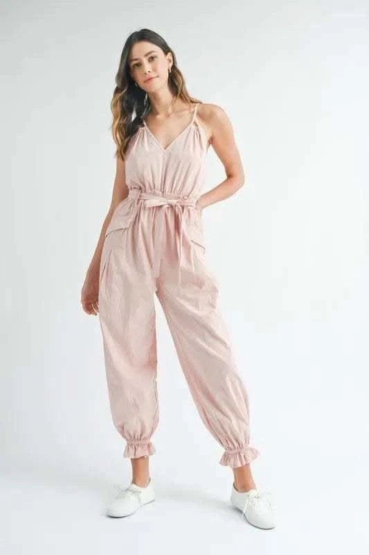 MABLE Washed Fabric Spaghetti Strap Waist Belted Jumpsuit in Pink - photo