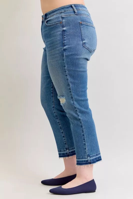 Judy Blue Full Size Mid Rise Bf Patch & Repair Destroy Release Hem Jeans Plus Size in - photo