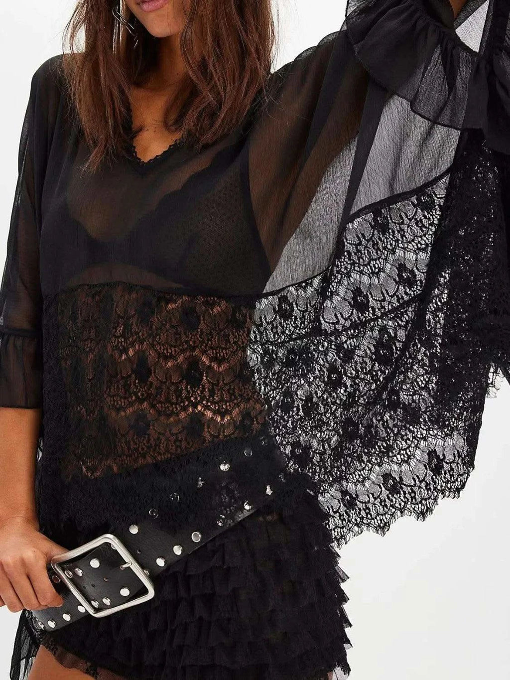 Lace V-Neck Ruffle Long Sleeve Cover-Up - SwagglyLife Home & Fashion