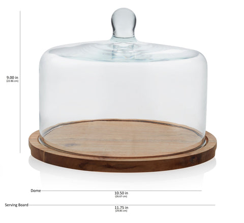 Libbey Acaciawood Flat Round Wood Server Cake Stand with Glass Dome in - Serveware photo