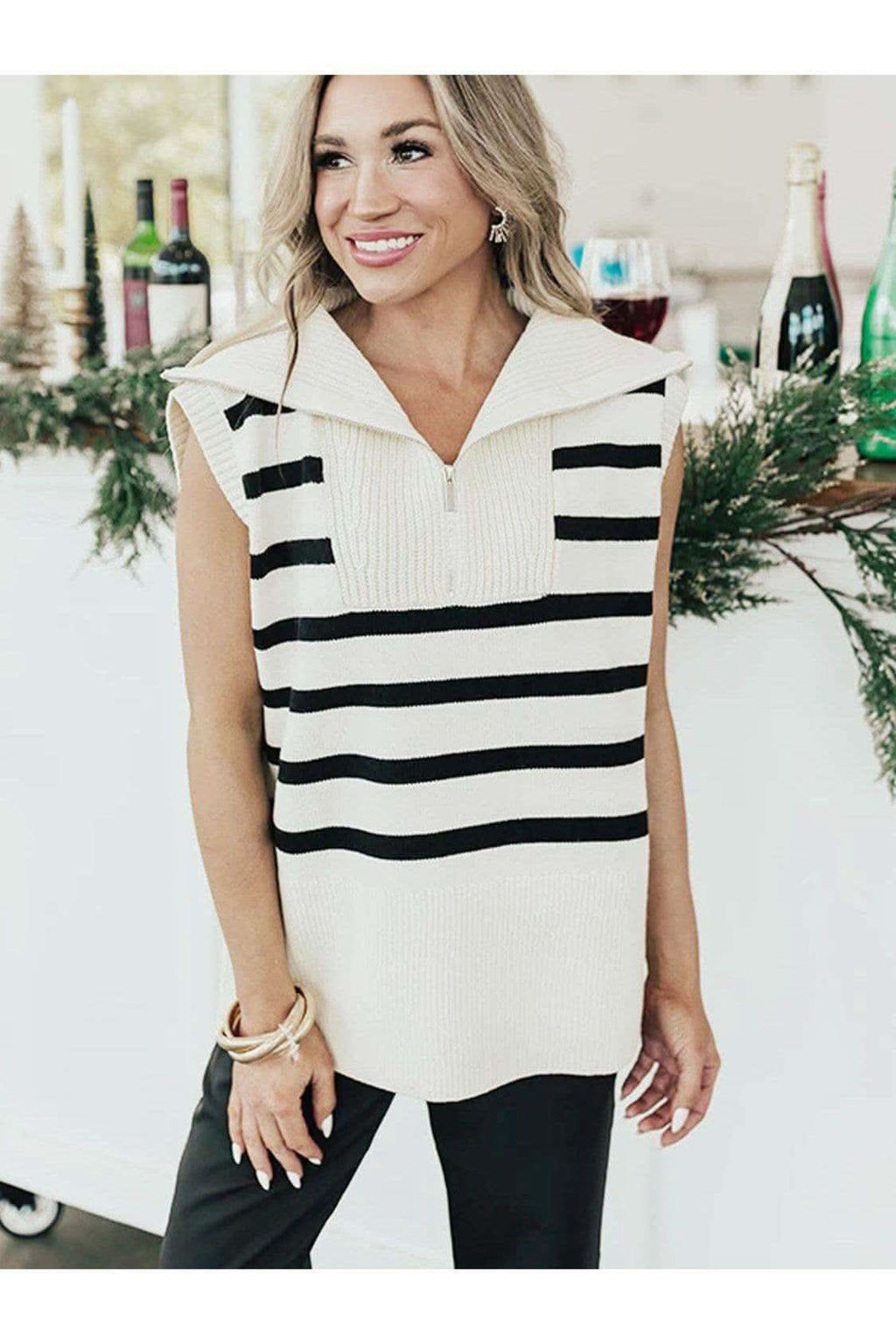 Sandra Striped Half Zip Sweater Vest - SwagglyLife Home & Fashion