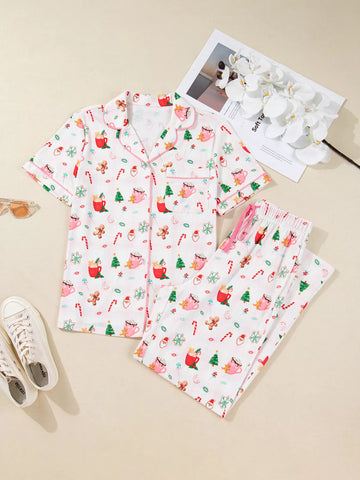 Christmas Spirit Cute Holiday Print Short Sleeve Shirt and Pants 2pcs Pajama Set in - photo