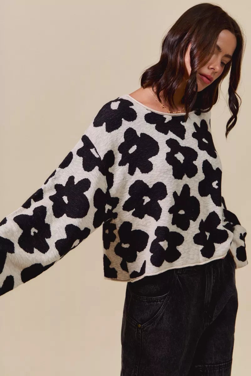 SO ME Loose Fit Flower Lightweight Sweater Top in - photo