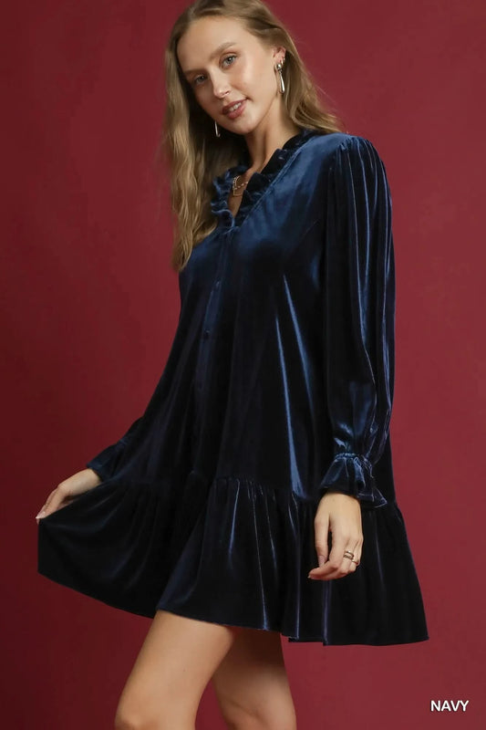 Umgee Velvet Ruffle Trim Mini Dress in - photo