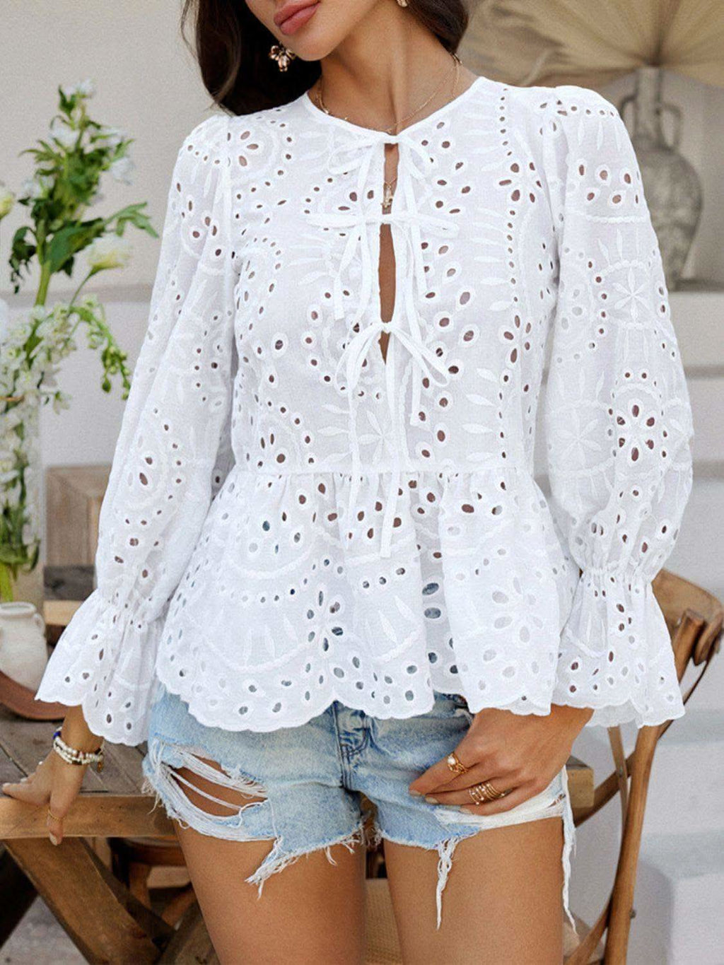 Devine Tie Front Flounce Sleeve Peplum Blouse - SwagglyLife Home & Fashion