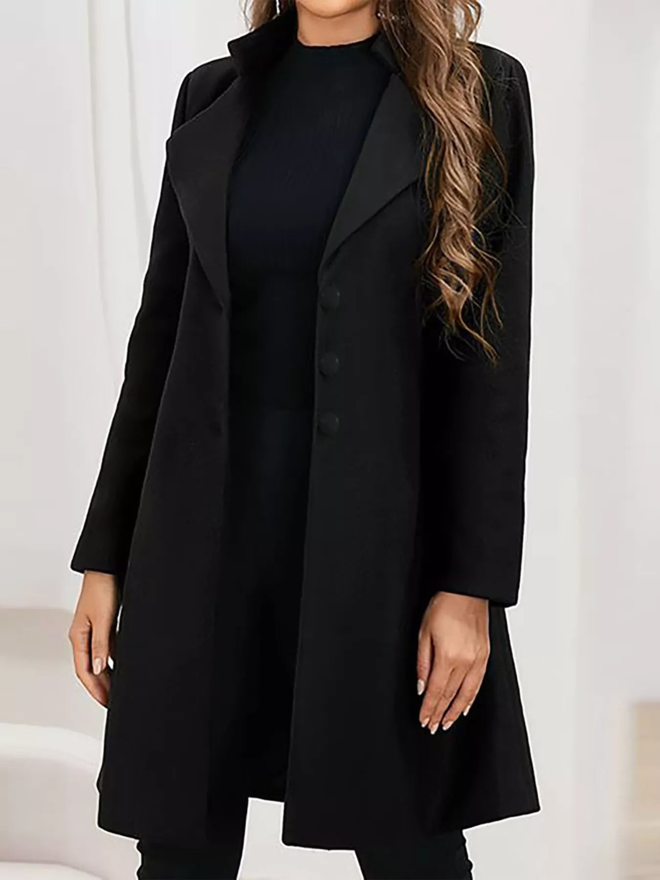 Single-Breasted Long Sleeve Overcoat Plus Size in Black - photo