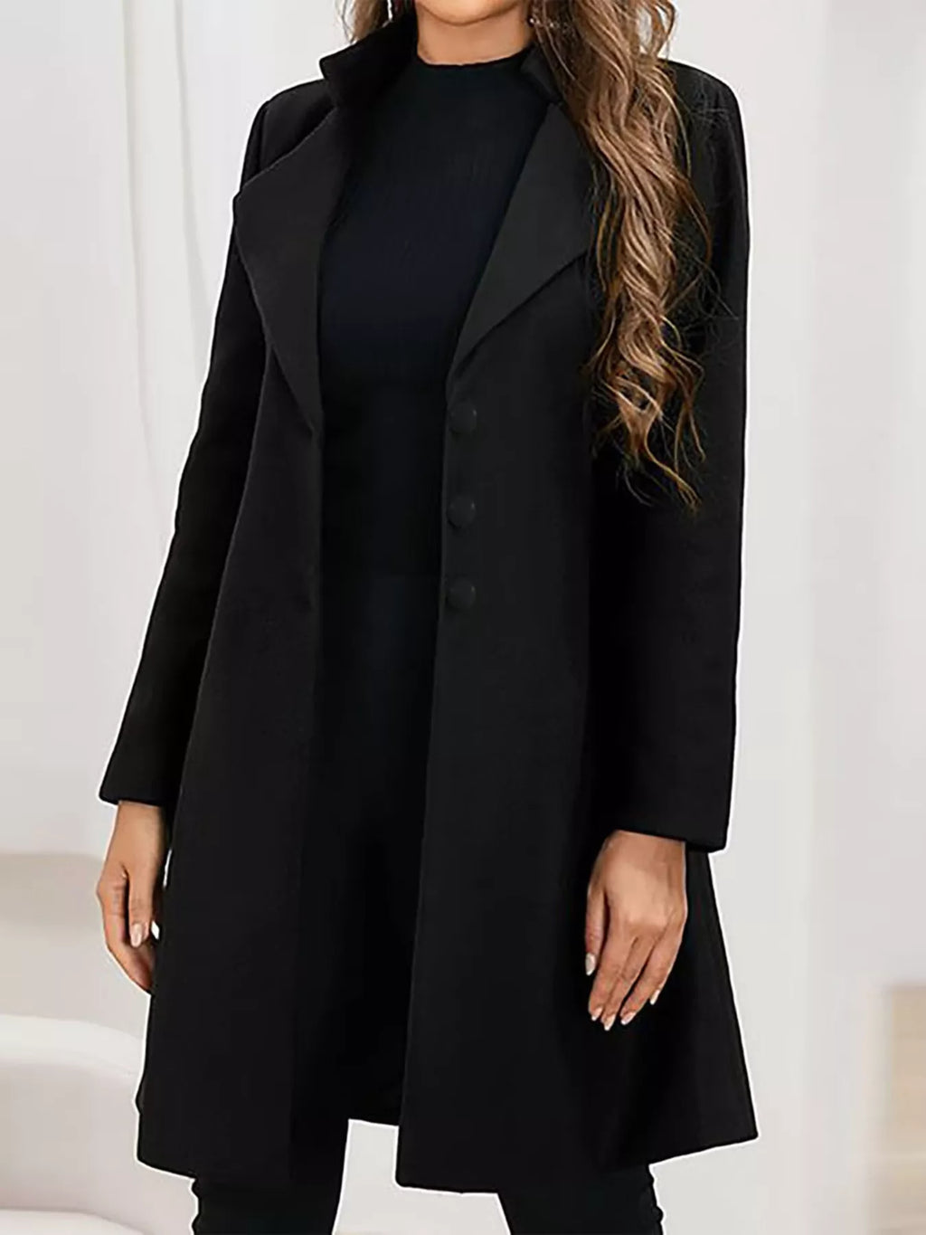 Single-Breasted Long Sleeve Overcoat Plus Size in Black - photo