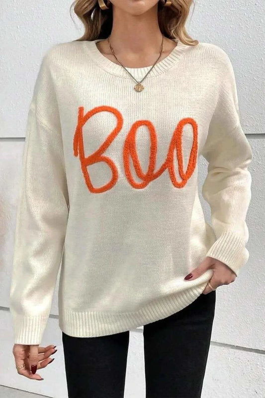 BOO Round Neck Long Sleeve Sweater in Ivory - photo