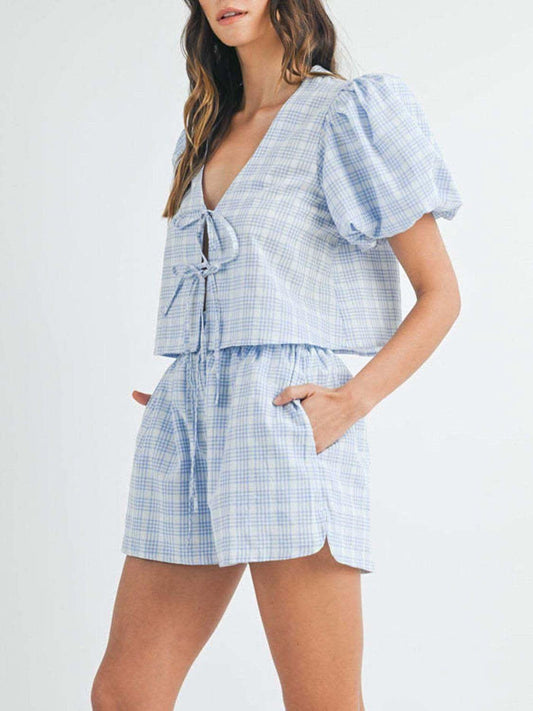V-Neck Puff Sleeve Top and Shorts Set in - Outfit Sets photo
