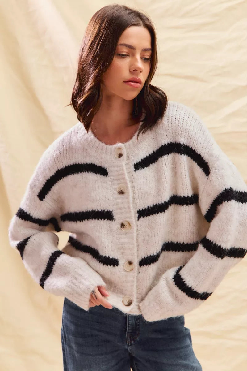 SO ME Stripe Soft Touch Button Cozy Sweater Cardigan in - photo