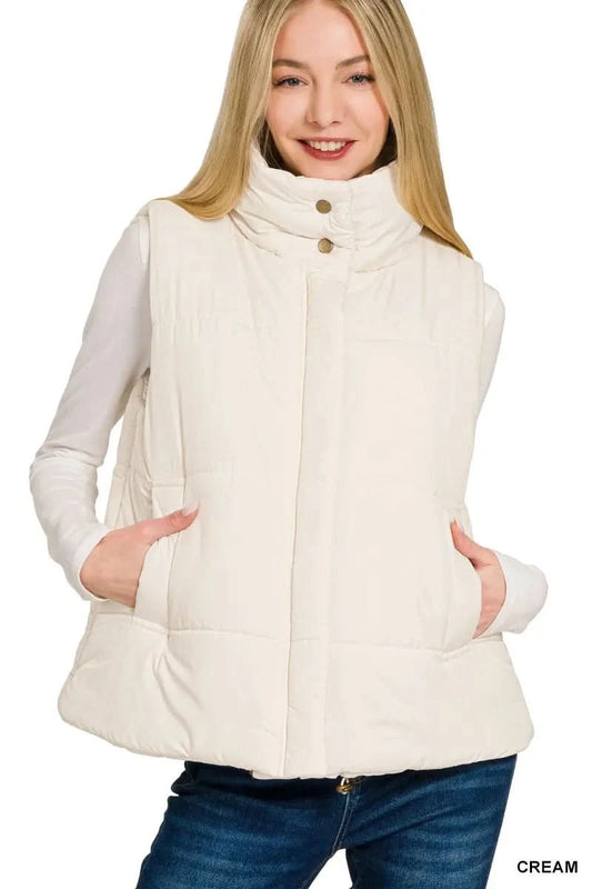 Zenana High Neck Zip-Up Vest Coat in CREAM - photo