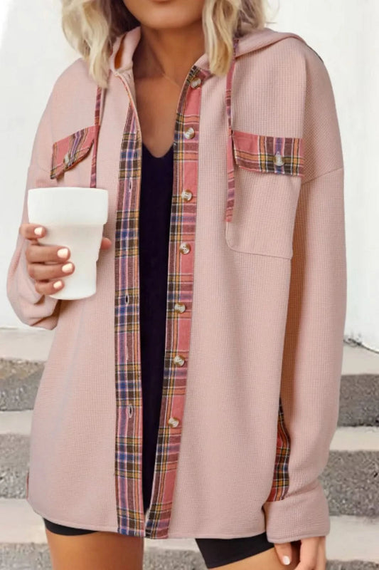 Waffle Knit Plaid Patchwork Drawstring Hooded Shacket in - photo