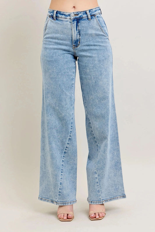 Judy Blue Full Size High Waist Wide Leg Jeans with Skewed Inseam Plus Size in - photo