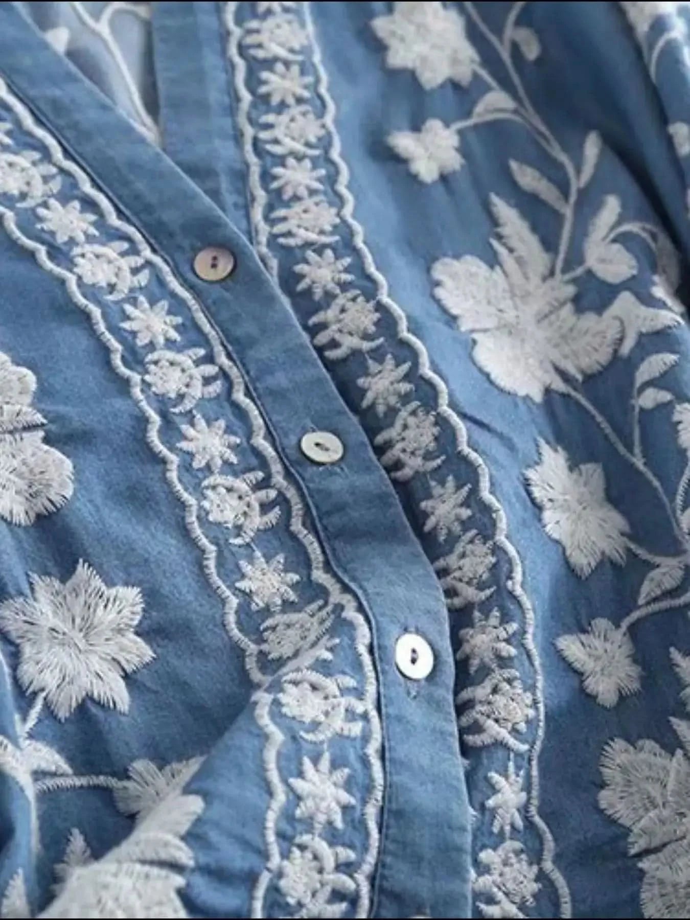 Floral Embroidered Button Up Denim Shirt - SwagglyLife Home & Fashion