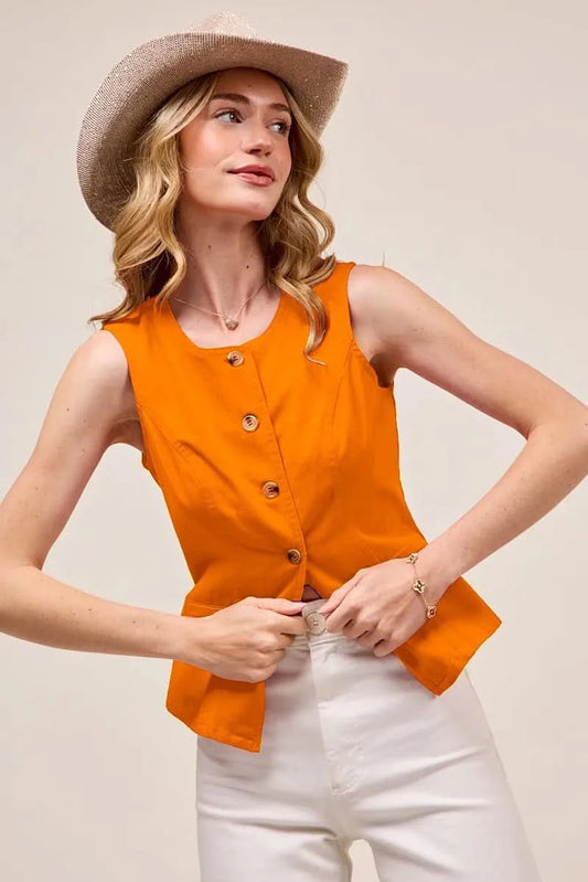 SO ME Slim Fit Button Front Game Day Color Denim Vest Top in ORANGE - photo