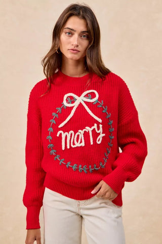 BiBi Christmas Wreath Merry Letter Knit Top in - photo